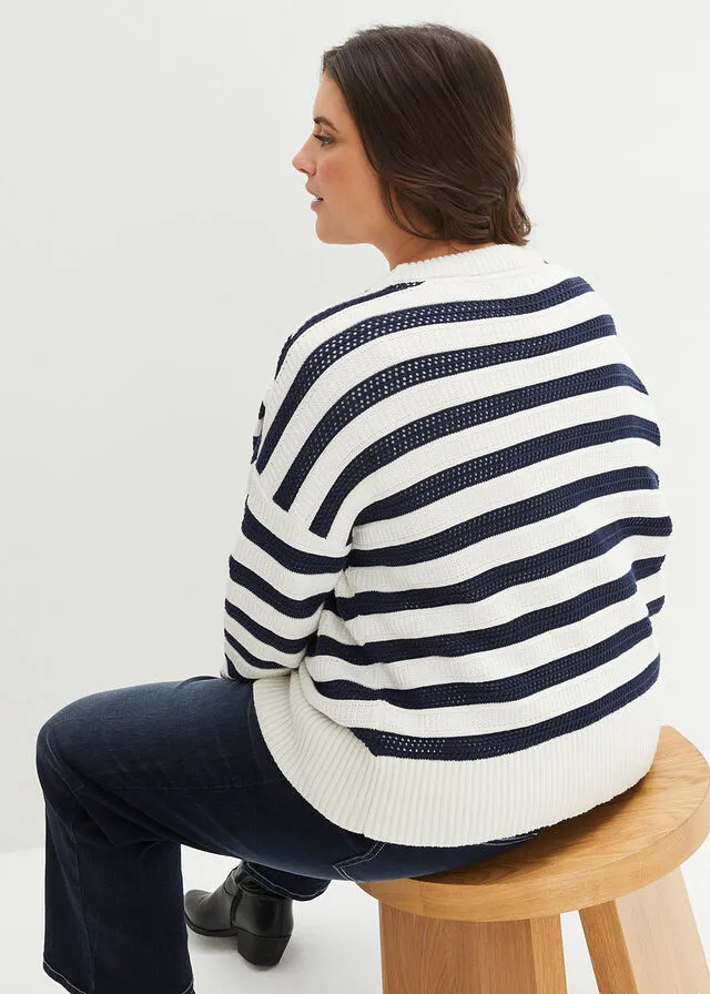 Jersey boxy azul marino/blanco lana con rayas