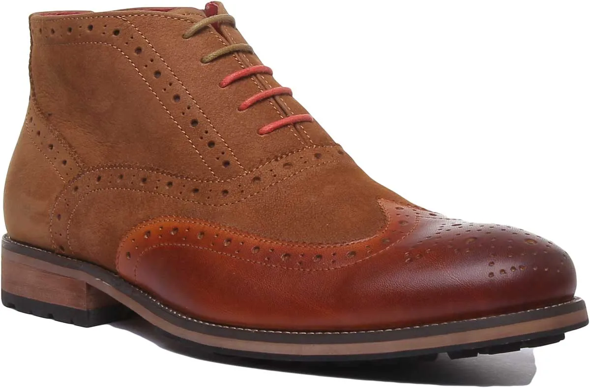 JUSTINREESS Bruno Botas de piel con cordones con cremallera lateral para hombre en camello