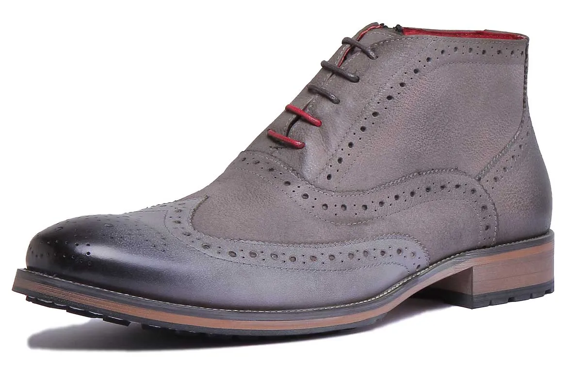 JUSTINREESS Bruno Botas de piel con cordones con cremallera lateral para hombre en camello