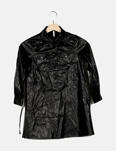 KIDS ONLY Vestido camisero negro efecto piel detalle lazo