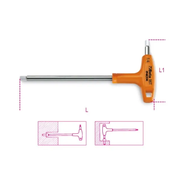 Llave Allen acodada con mango en T, de acero inoxidable