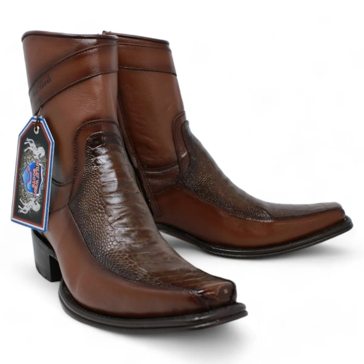 MEN'S WILD WEST GENUINE OSTRICH LEG & DEER EUROPEAN SQUARE TOE SHORT BOOTS  BROWN