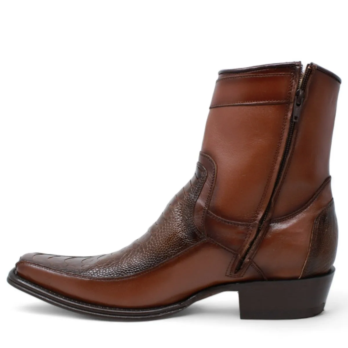 MEN'S WILD WEST GENUINE OSTRICH LEG & DEER EUROPEAN SQUARE TOE SHORT BOOTS  BROWN