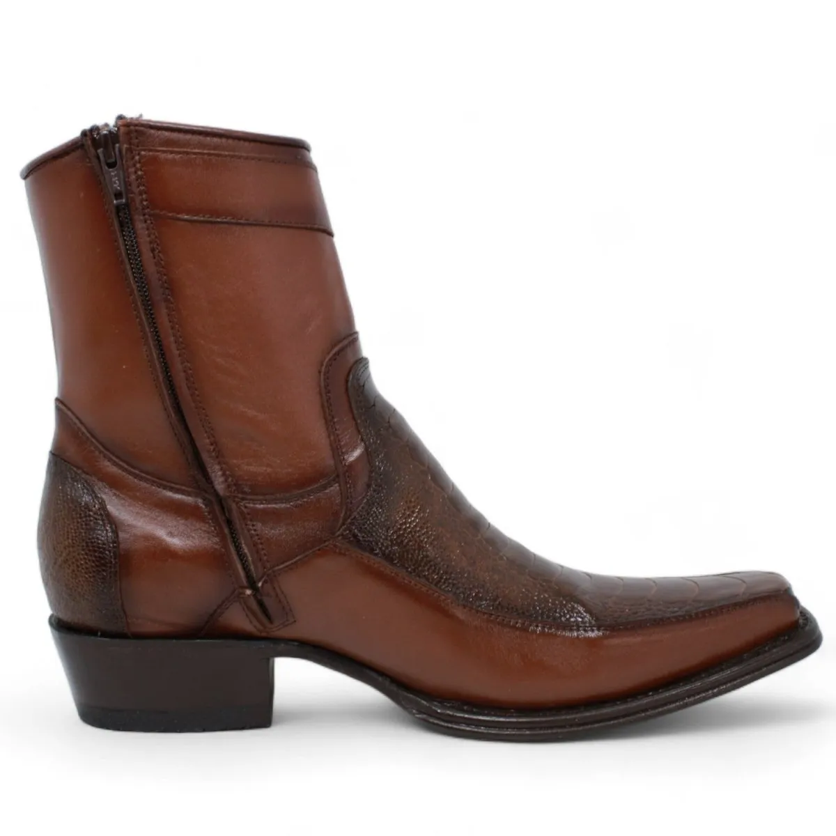 MEN'S WILD WEST GENUINE OSTRICH LEG & DEER EUROPEAN SQUARE TOE SHORT BOOTS  BROWN
