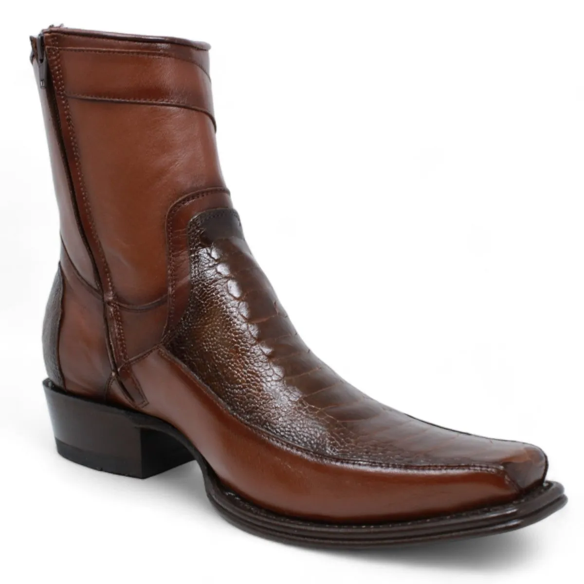 MEN'S WILD WEST GENUINE OSTRICH LEG & DEER EUROPEAN SQUARE TOE SHORT BOOTS  BROWN
