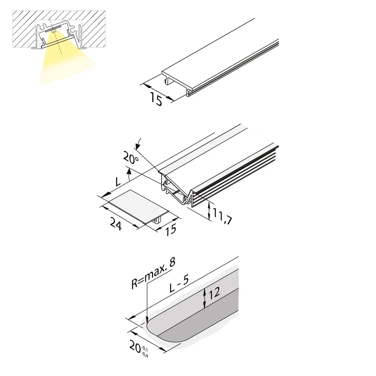 MILLED  PERFIL LED ASIMéTRICO EMBUTIDO DE ILUMINACIóN INVERSA HASTA 20W