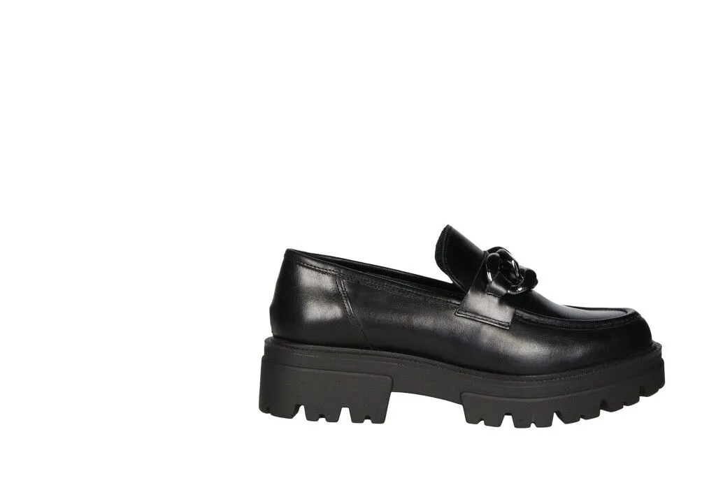 Mocasin Piel Negro Adorno Pala Eslabones Plataforma