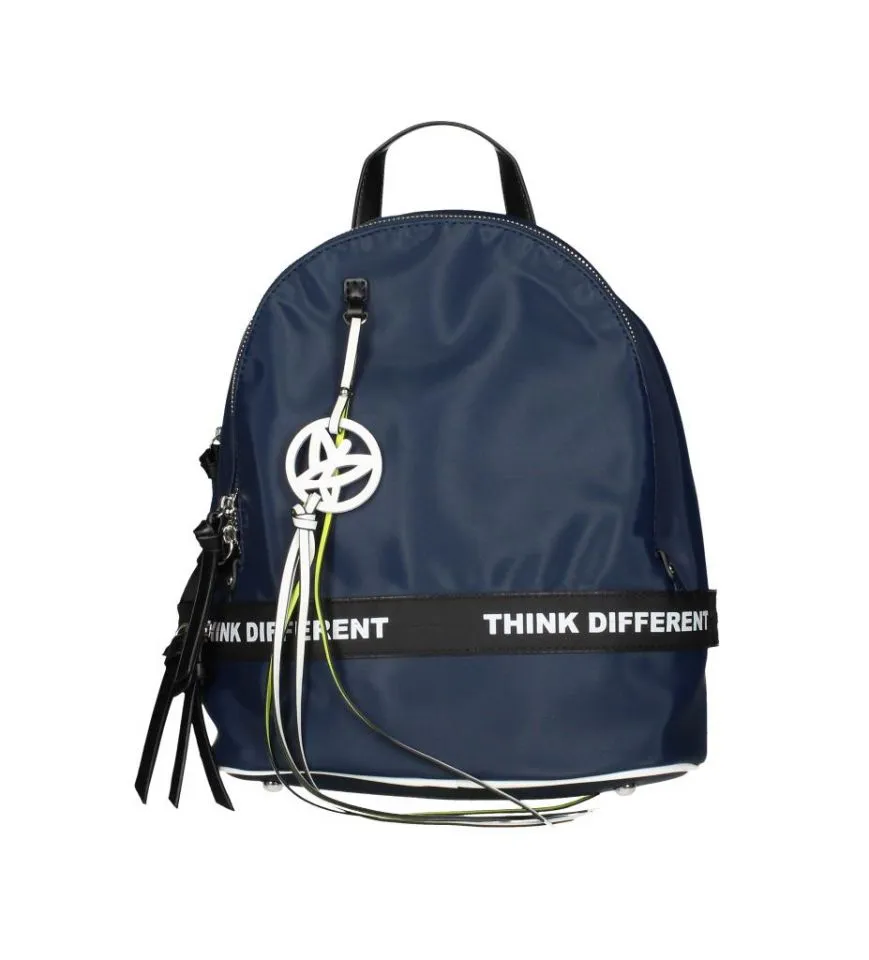 Mochila Nylon Azul Letras Detalles y Borla Blanca