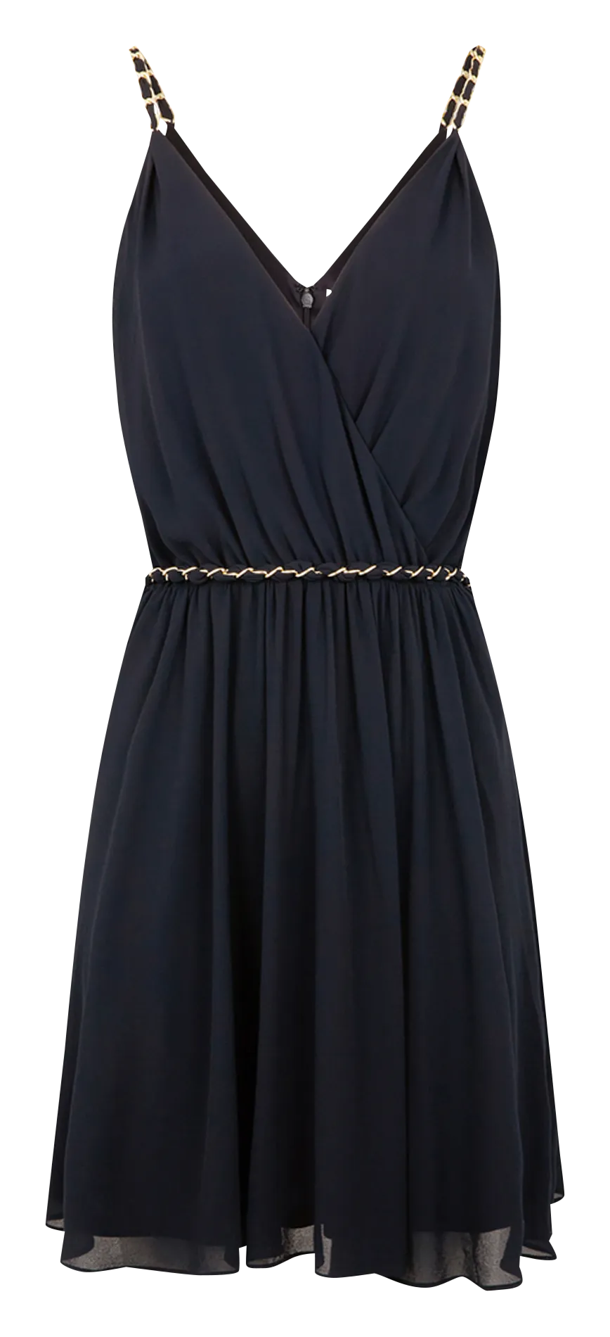 MORGAN RENODO  VESTIDO CORTO CON CUELLO EN V Y CADENAS EN AZUL