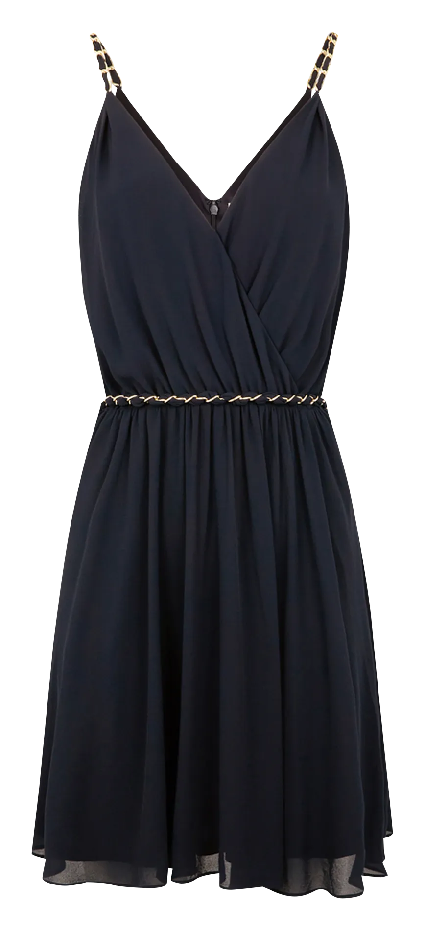 MORGAN RENODO  VESTIDO CORTO CON CUELLO EN V Y CADENAS EN AZUL