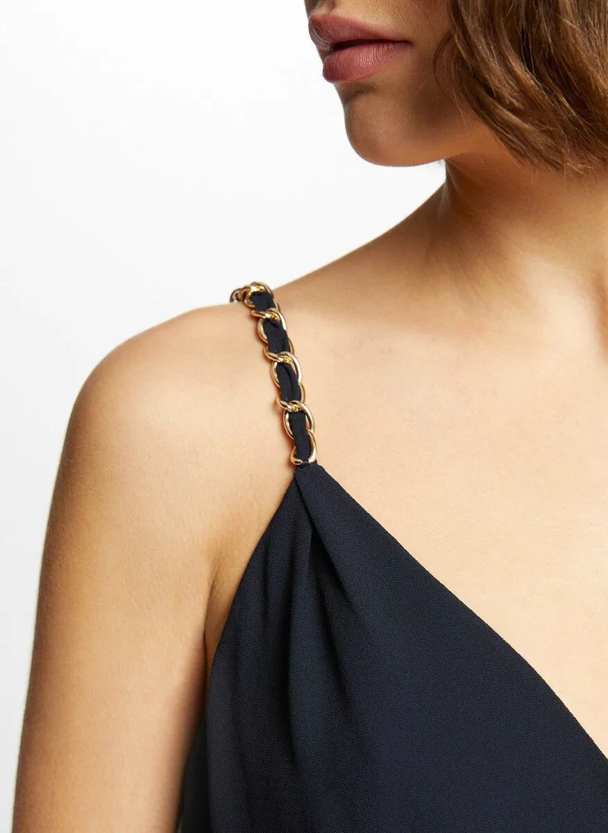 MORGAN RENODO  VESTIDO CORTO CON CUELLO EN V Y CADENAS EN AZUL