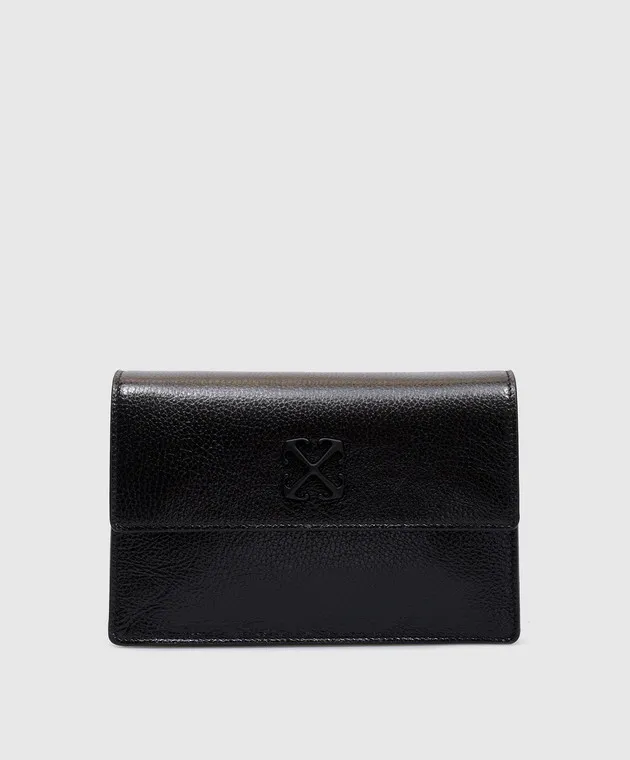 OFFWHITE BLACK LEATHER JITNEY BAG WITH METAL ARROW LOGO