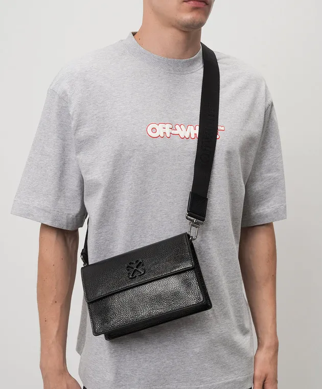 OFFWHITE BLACK LEATHER JITNEY BAG WITH METAL ARROW LOGO