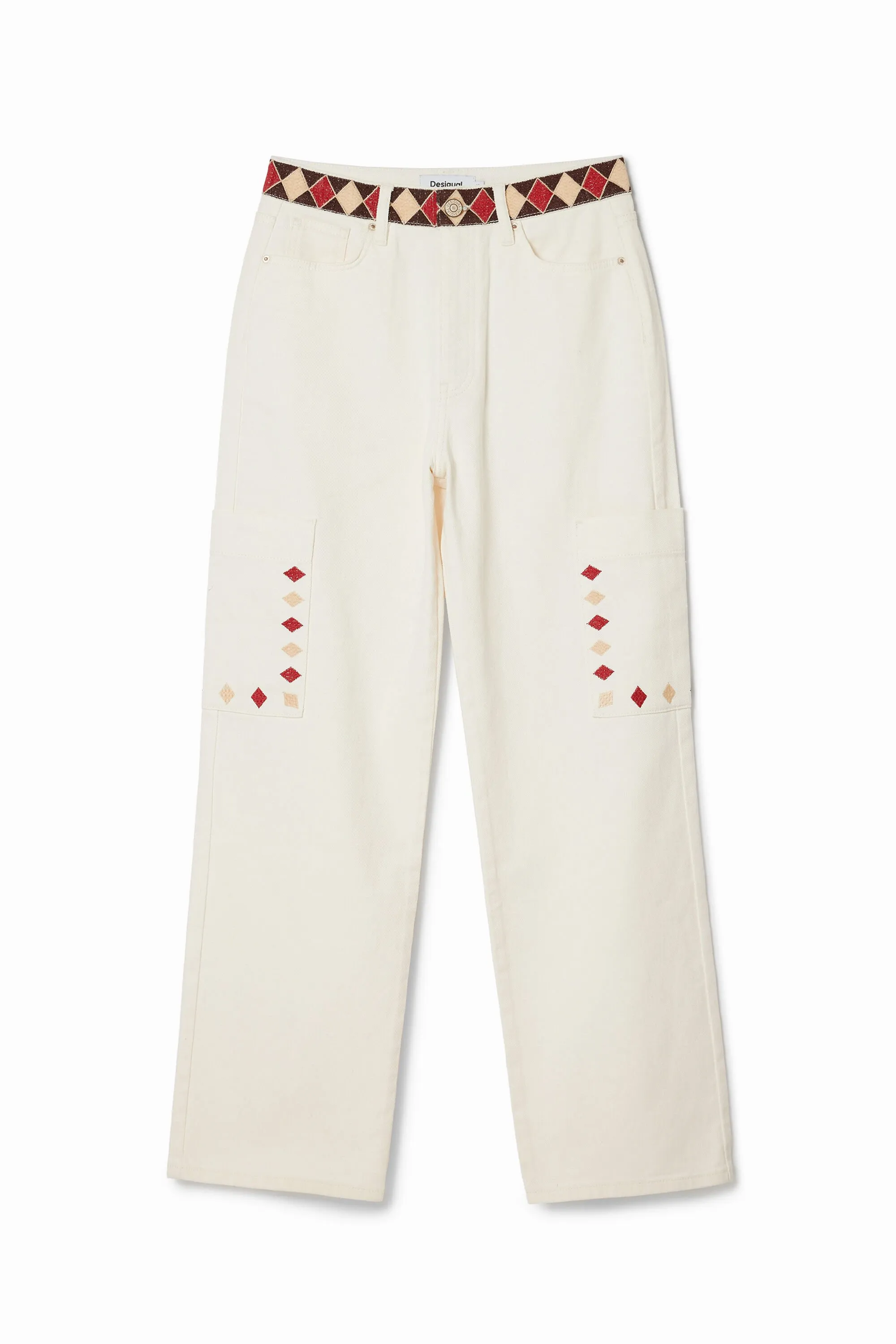 Pantalón denim cropped con bordes de rombos