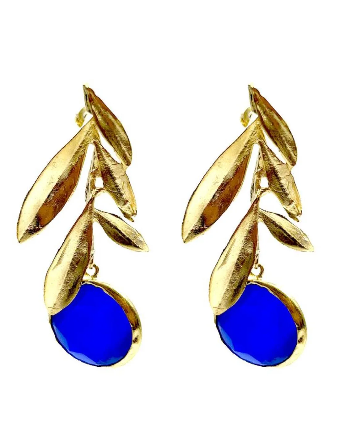 PENDIENTES AZULES MARINO Y HOJAS DORADAS DE OLIVO PARA BODAS Y EVENTOS