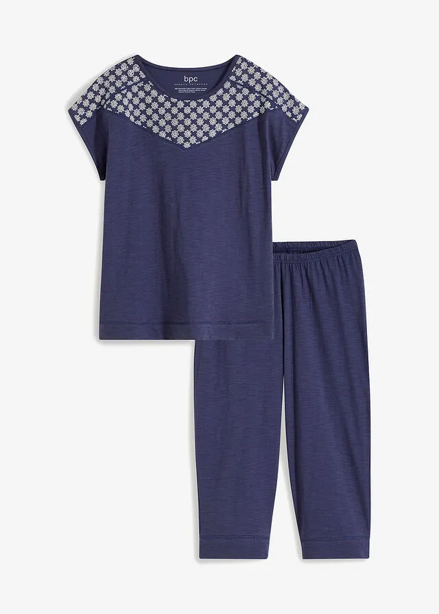 Pijama capri de algodón ligero con bordado Índigo/blanco lana