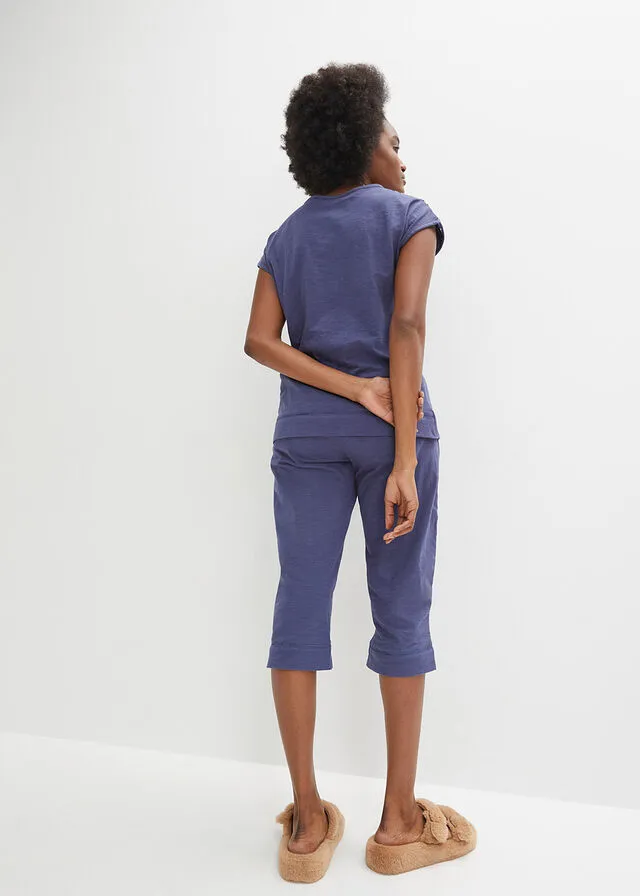 Pijama capri de algodón ligero con bordado Índigo/blanco lana