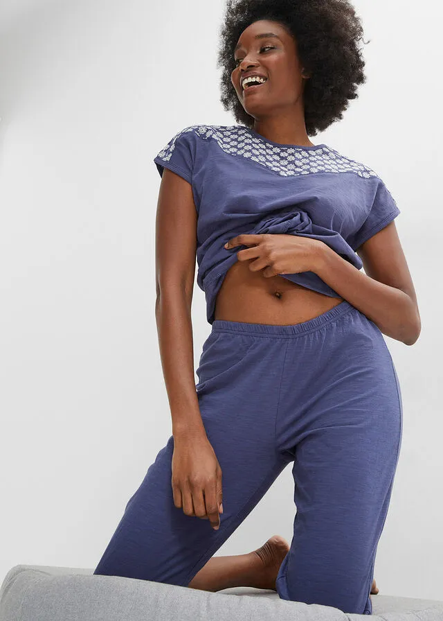 Pijama capri de algodón ligero con bordado Índigo/blanco lana