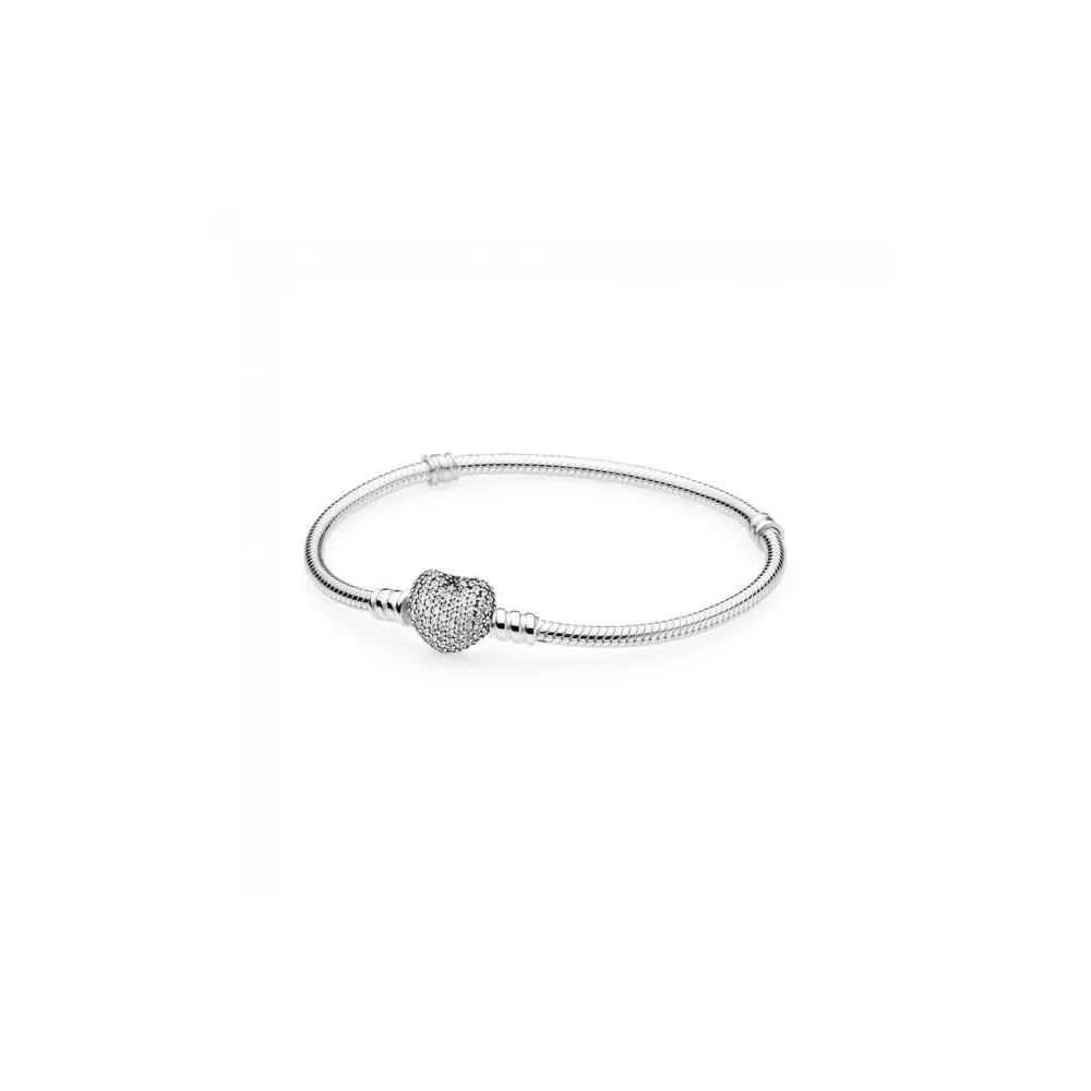 Pulsera Pandora de plata con circonitas. Cierre de corazon. Medida 19 cm.