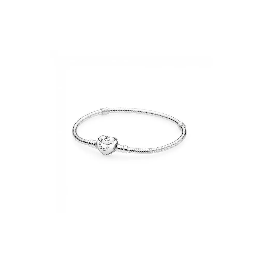 Pulsera Pandora de plata con circonitas. Cierre de corazon. Medida 19 cm.