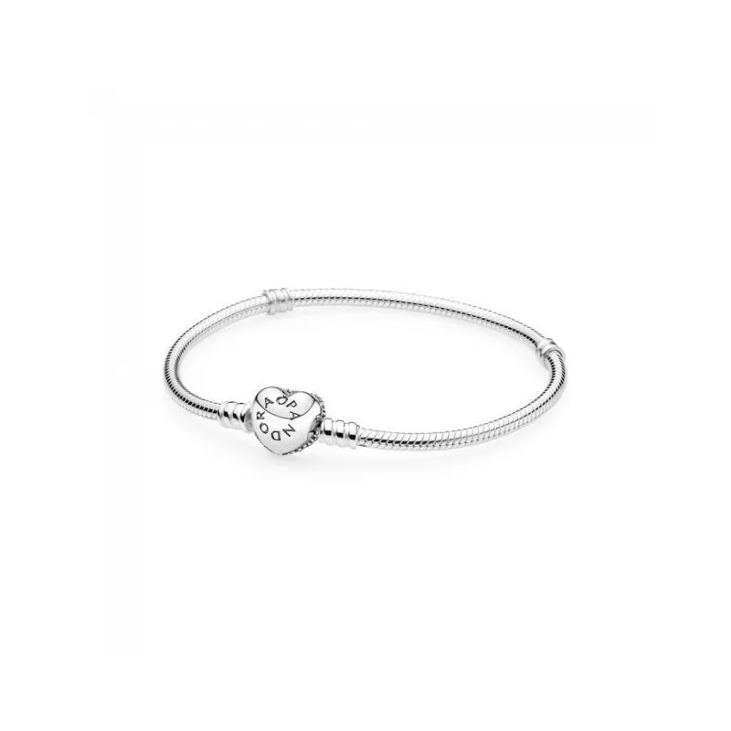 Pulsera Pandora de plata con circonitas. Cierre de corazon. Medida 19 cm.