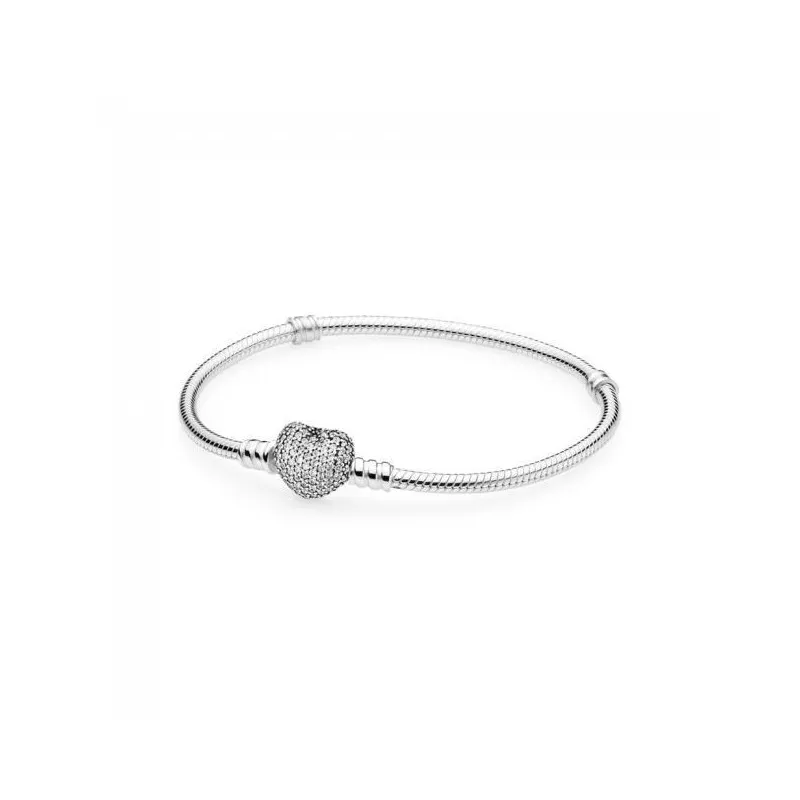 Pulsera Pandora de plata con circonitas. Cierre de corazon. Medida 19 cm.