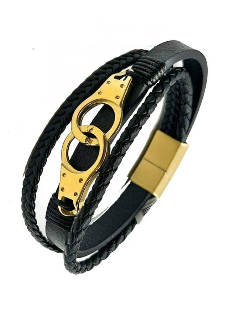 PULSERAS HOMBRE DE CUERO NEGRO CON ESPOSAS DORADAS