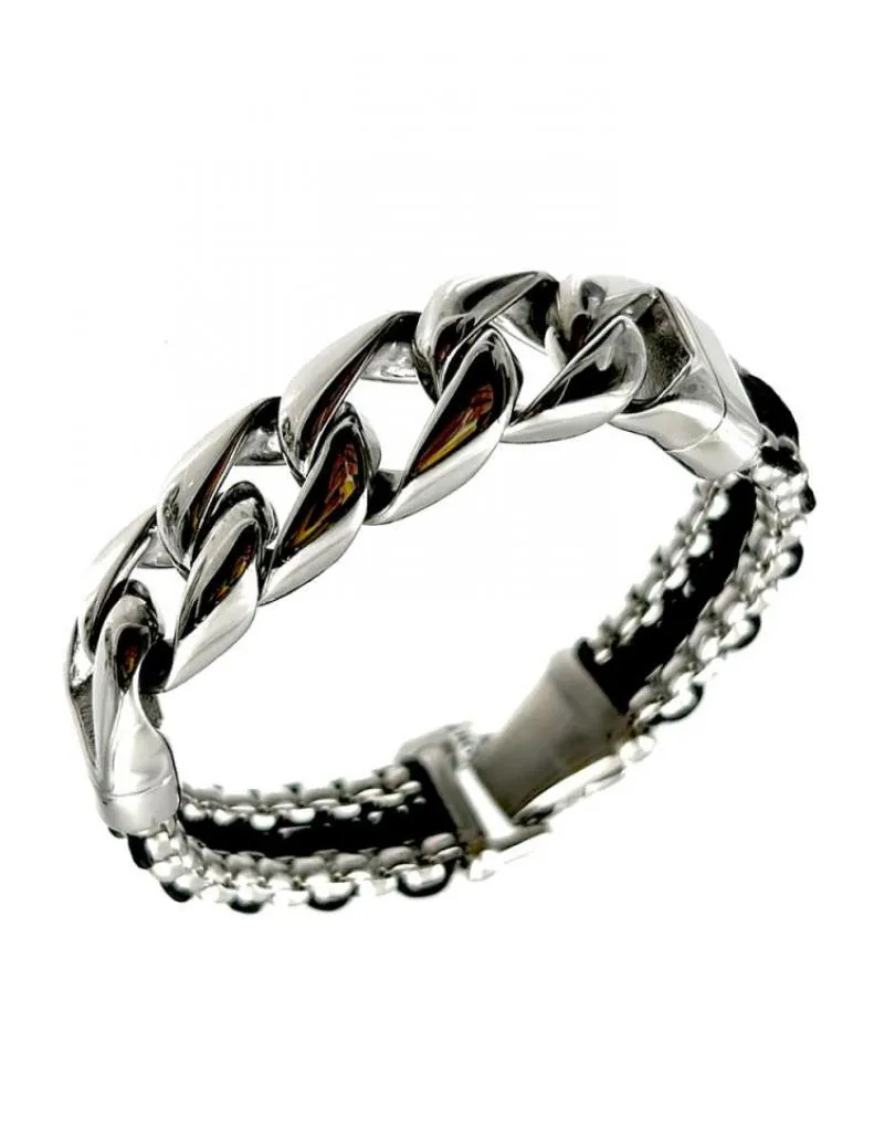 PULSERAS HOMBRE NEGRAS CON DETALLE DE ESLABONES DE ACERO