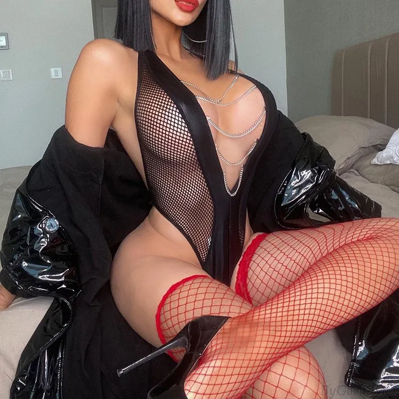 Sexy Black Siamese Chain Tassel Prisoner Gift Handcuffs Teddy Fishnet Bodysuit For Women Lingerie