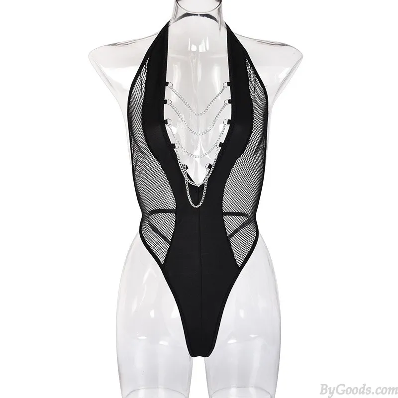 Sexy Black Siamese Chain Tassel Prisoner Gift Handcuffs Teddy Fishnet Bodysuit For Women Lingerie