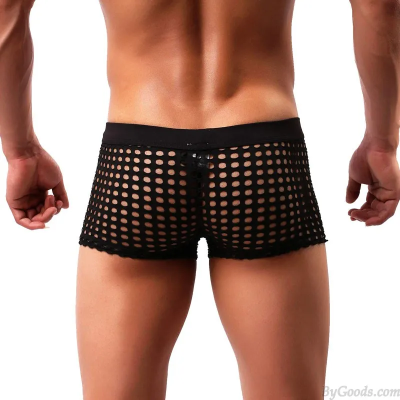 Sexy Hollow Net Underwear Breathable Mesh Boxer Briefs Fishnet Trunks Men's Lingerie