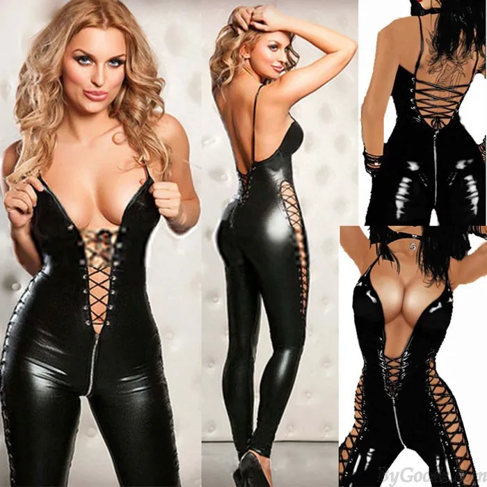 Sexy Wild Zipper Patent Leather Bandage Underwear Teddy Bodysuit Pants Women's Lingerie Bodystocking
