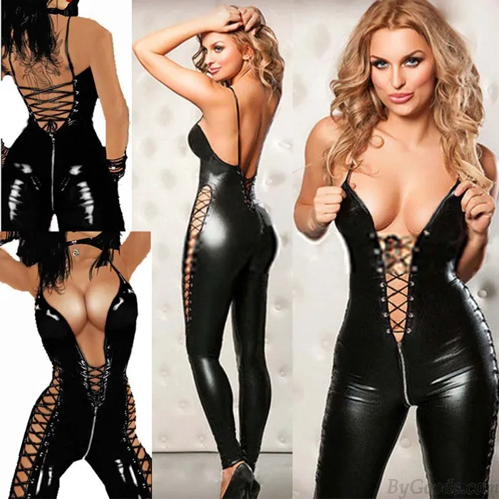 Sexy Wild Zipper Patent Leather Bandage Underwear Teddy Bodysuit Pants Women's Lingerie Bodystocking