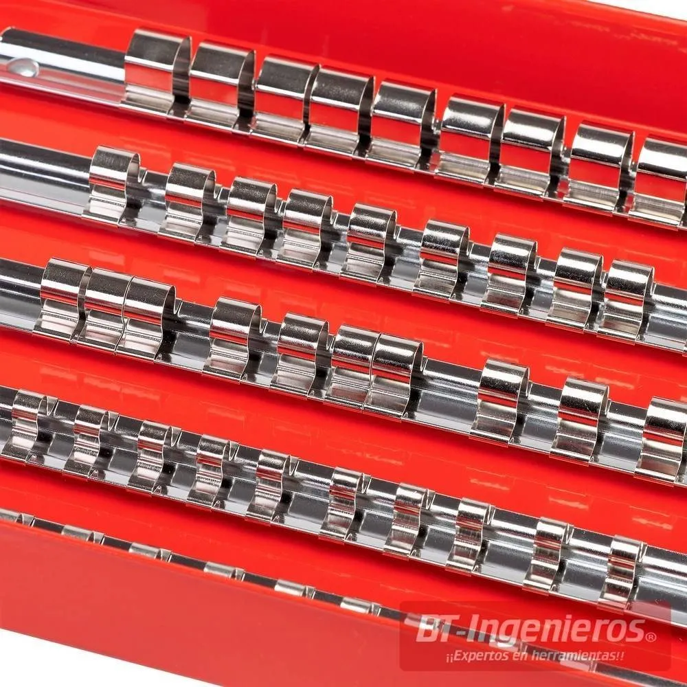 Soporte de rail para 120 llaves de vaso y puntas Bit. 1/2", 3/8", 1/4"