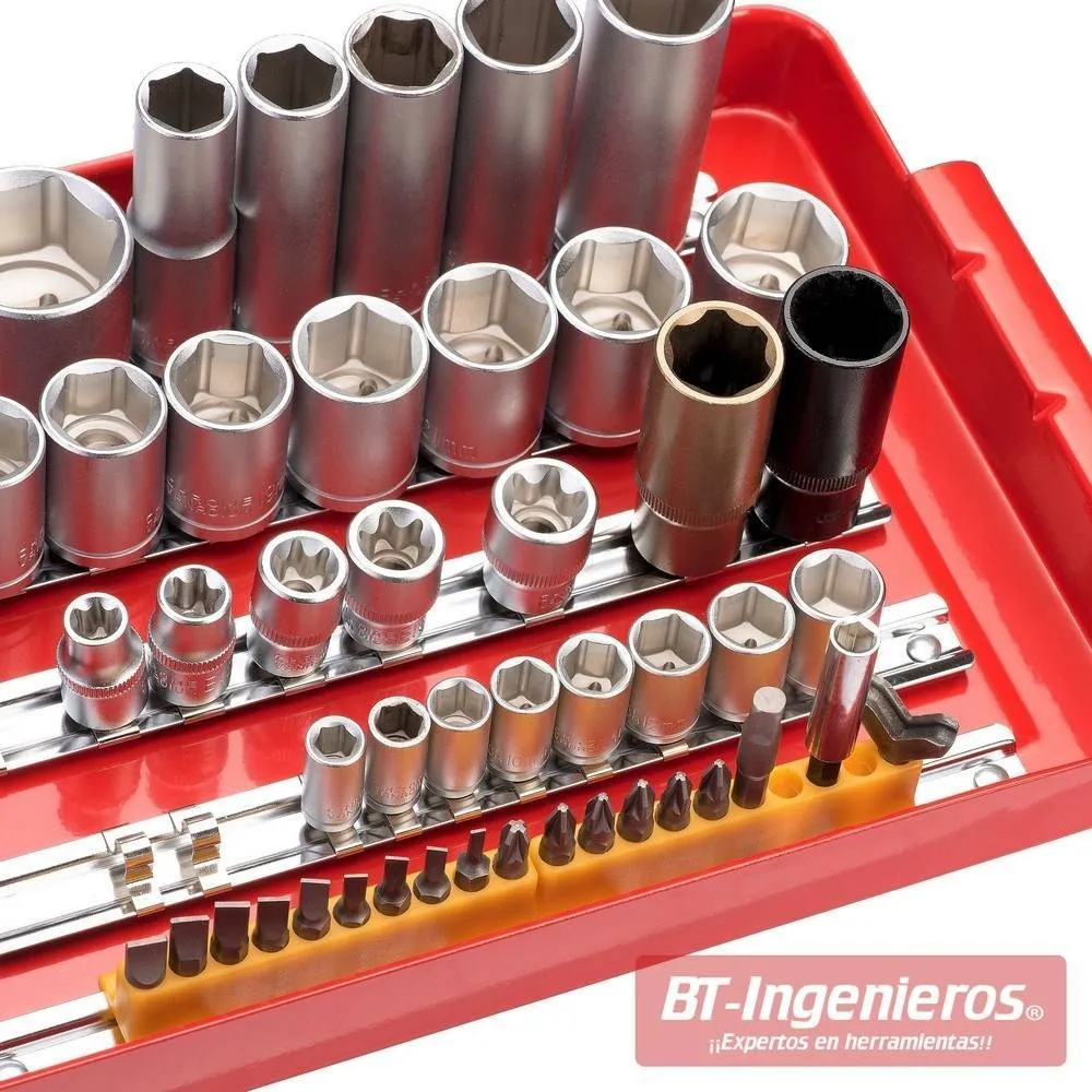 Soporte de rail para 120 llaves de vaso y puntas Bit. 1/2", 3/8", 1/4"