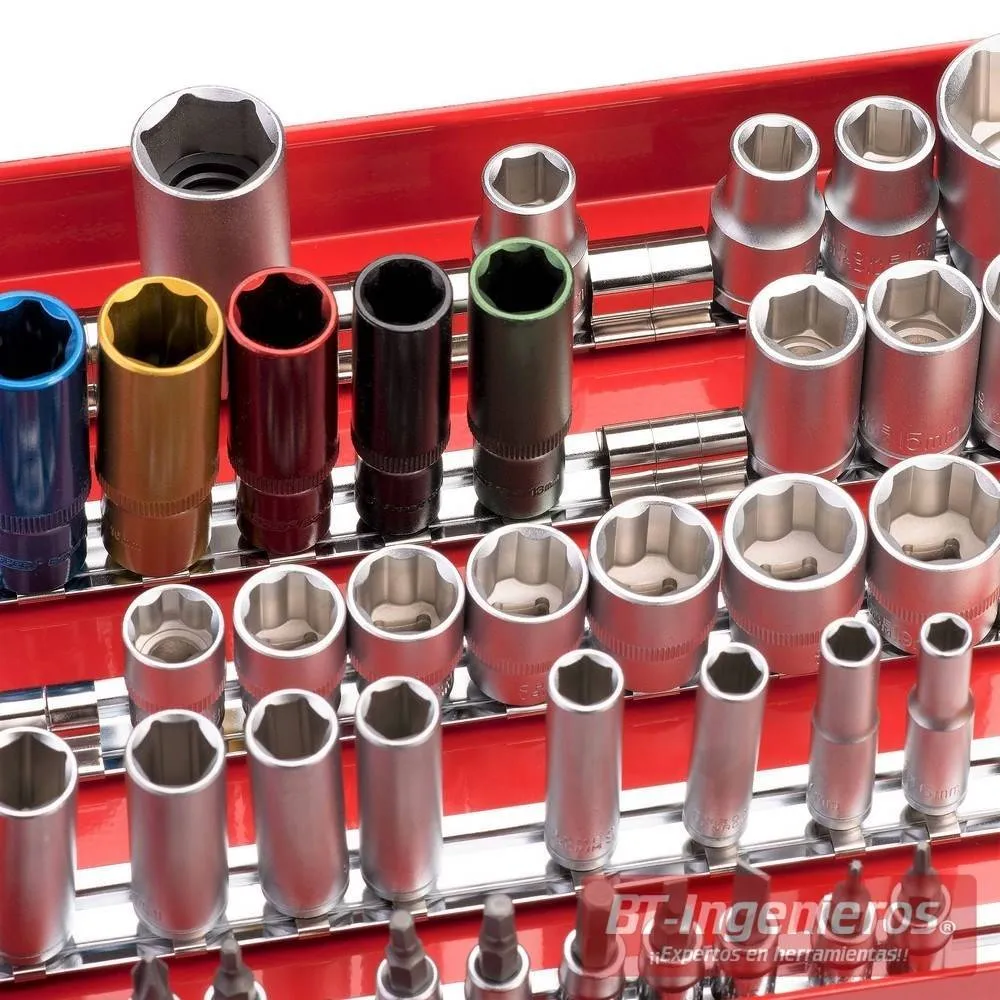 Soporte de rail para 120 llaves de vaso y puntas Bit. 1/2", 3/8", 1/4"