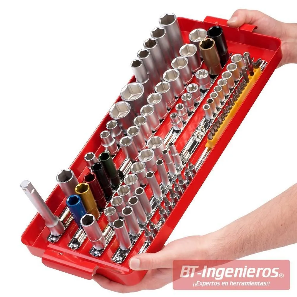 Soporte de rail para 120 llaves de vaso y puntas Bit. 1/2", 3/8", 1/4"