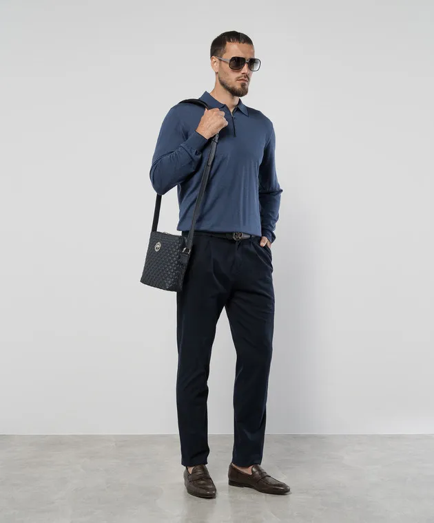 Stefano Ricci Blue wool, silk and cashmere polo with logo monogram pattern