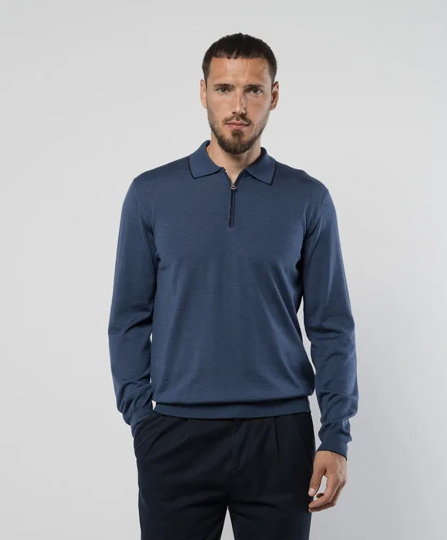 Stefano Ricci Blue wool, silk and cashmere polo with logo monogram pattern