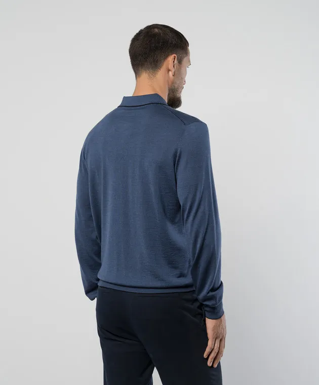 Stefano Ricci Blue wool, silk and cashmere polo with logo monogram pattern
