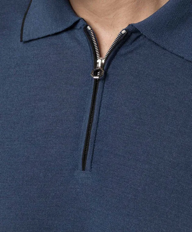 Stefano Ricci Blue wool, silk and cashmere polo with logo monogram pattern