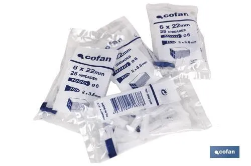 Taco de LDPE blanco estriado | En bolsitas de 25 unidades | Ideal para huecos y macizos | Medidas desde Ø 5 hasta 12 mm
