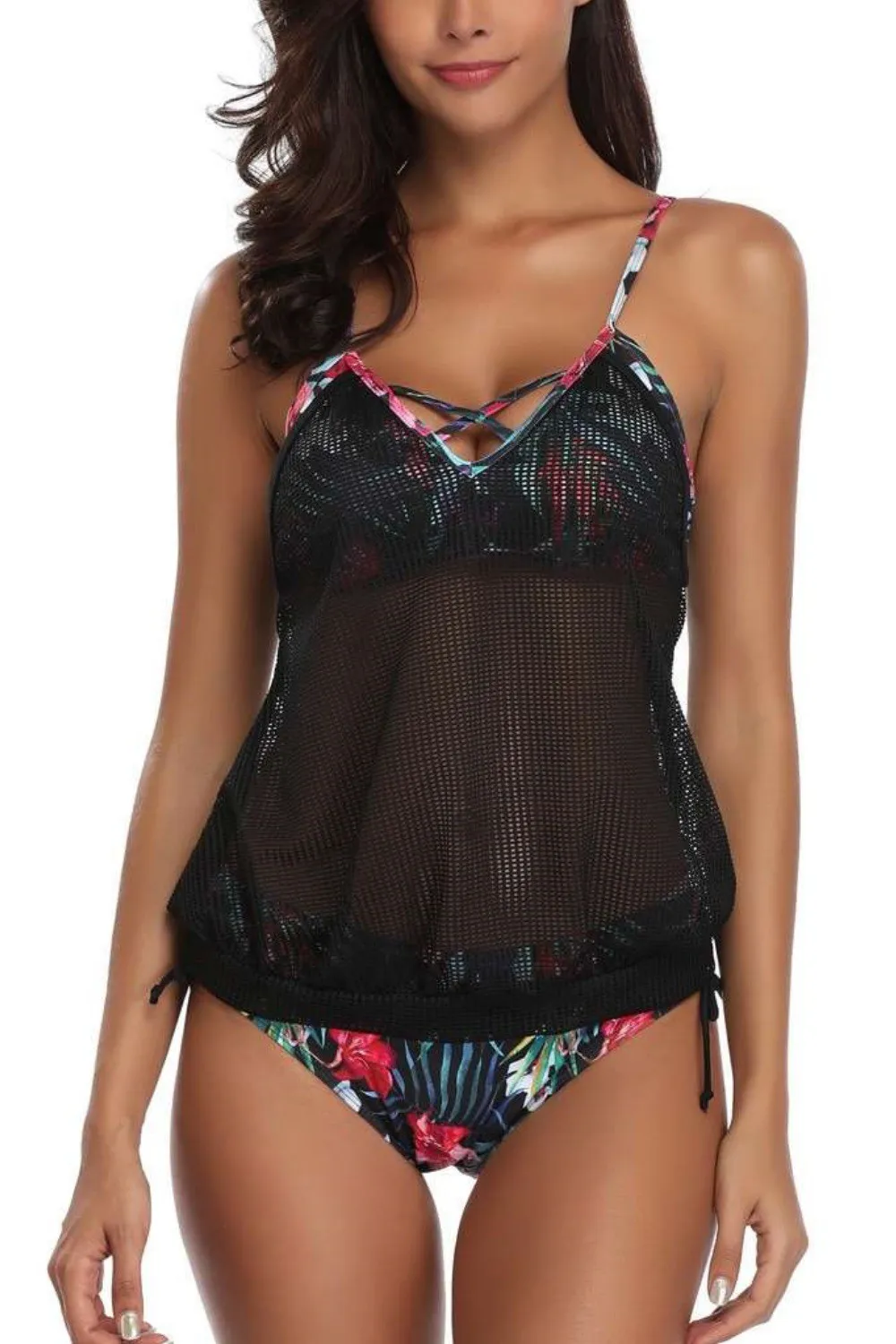 Tankini negro con estampado multicolor