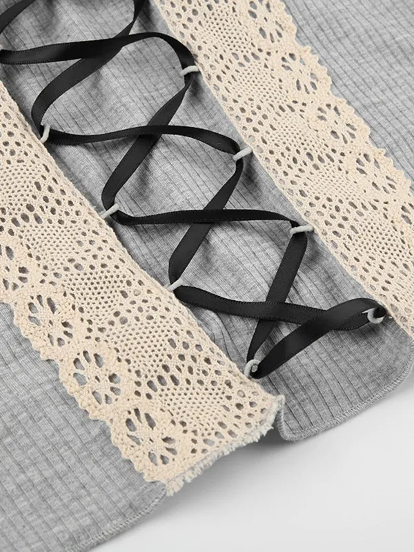 Tejido de punto de manga larga con correa de patchwork de encaje con cuello en V