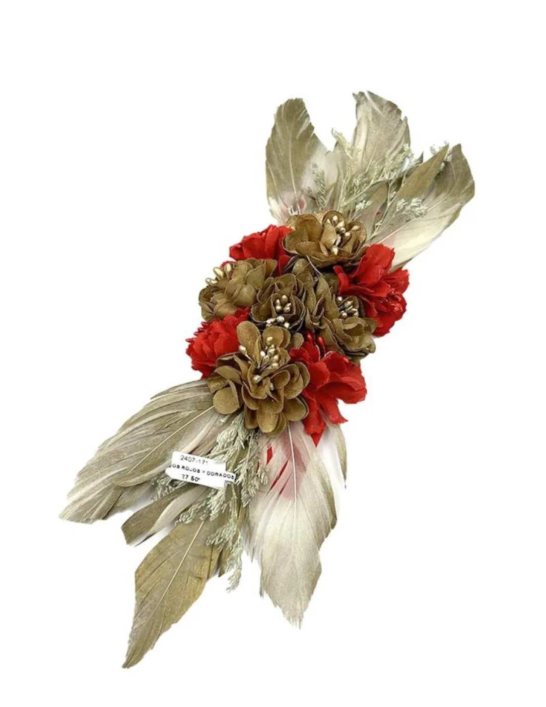 TOCADOS ROJOS Y DORADOS APLIQUE BROCHE PARA BODAS Y EVENTOS