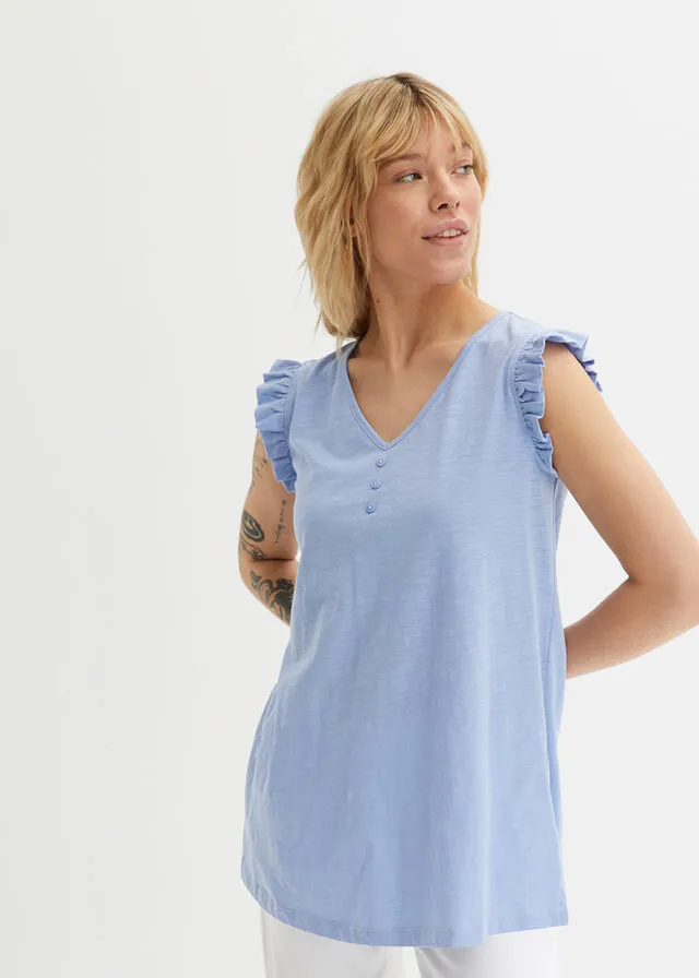 Top de hilo flameado de algodón con detalle de volante Azul perla
