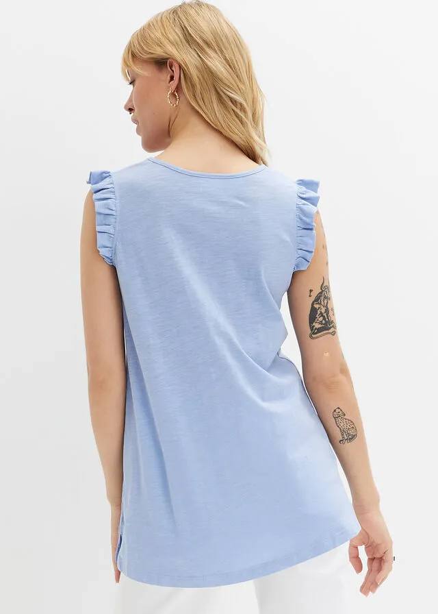 Top de hilo flameado de algodón con detalle de volante Azul perla