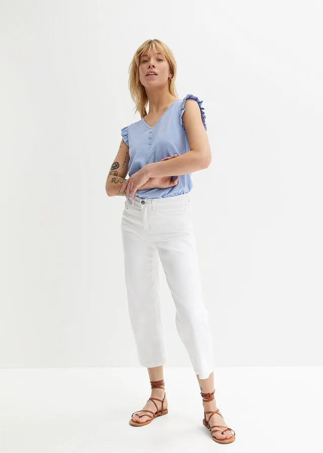 Top de hilo flameado de algodón con detalle de volante Azul perla