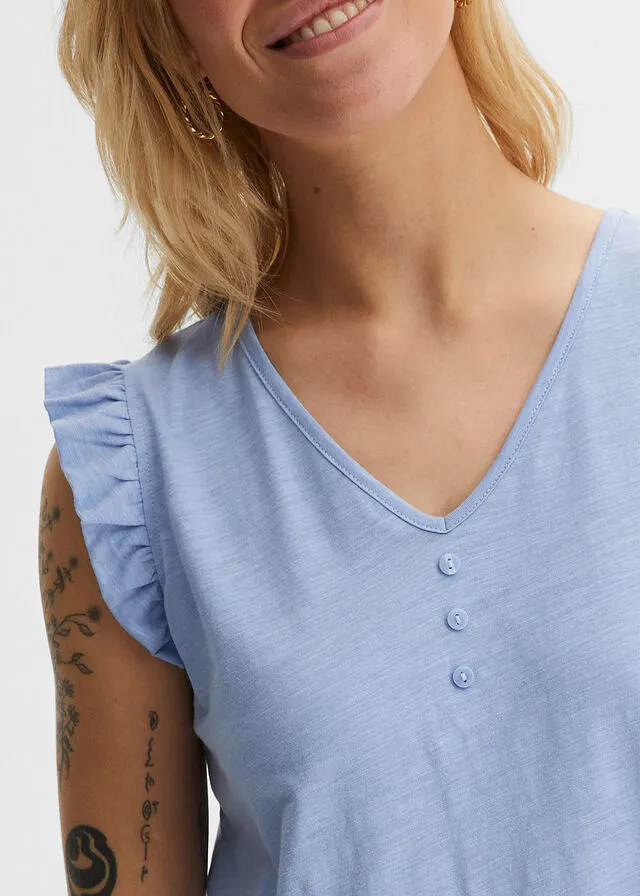 Top de hilo flameado de algodón con detalle de volante Azul perla