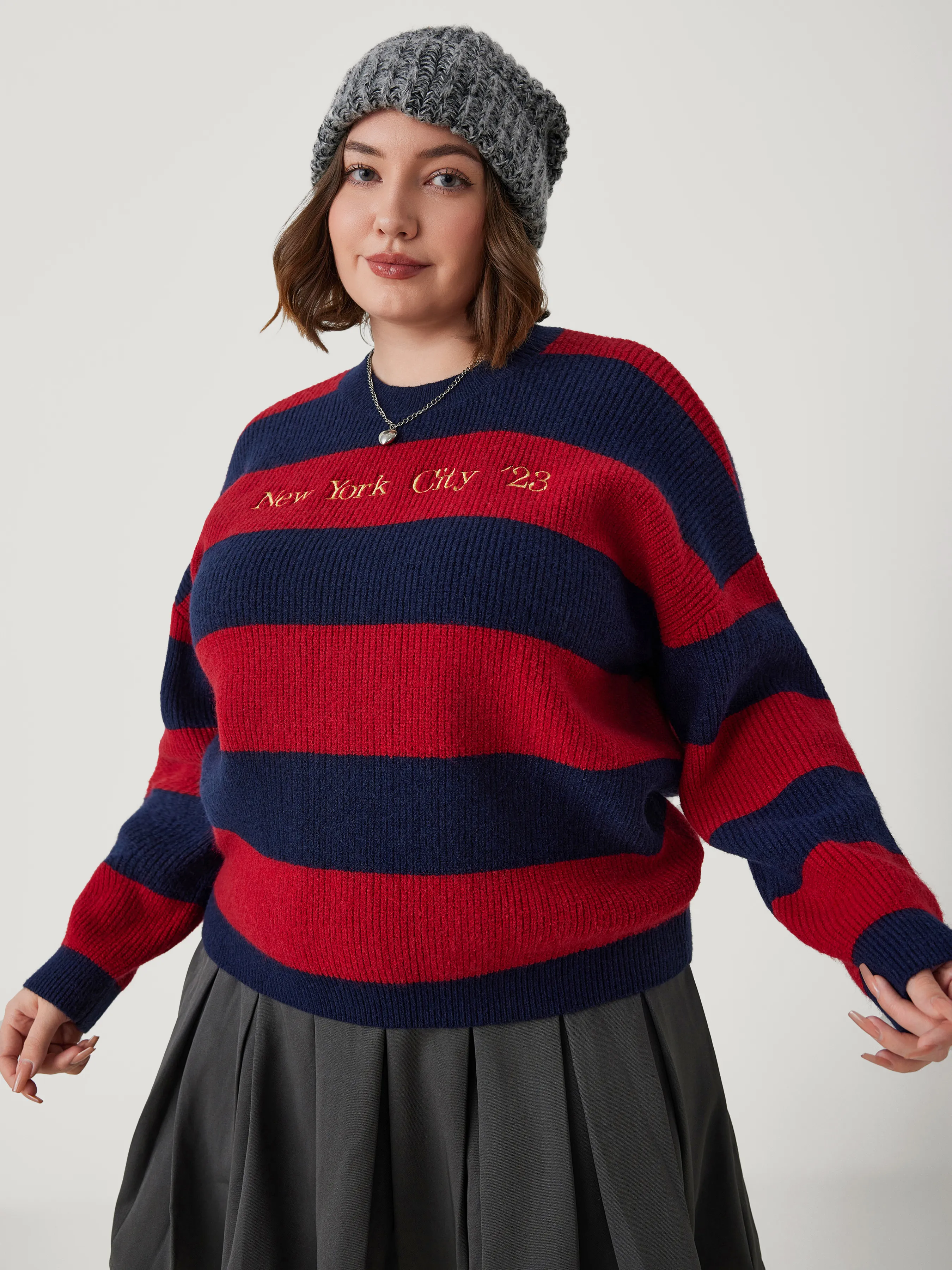  Top de Manga Larga de Punto con Letras y Escote Redondo Curvy